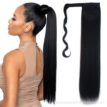 Black Long Straight Ponytail Hair 22inch Synthetic Hair Extensions Heat Resistant Hair Wrap Around Pony Hairpiece